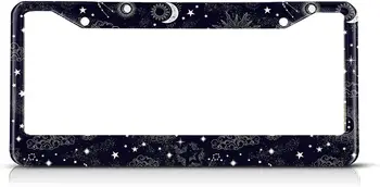 Рамка на регистрационния номер Рамки за автоматични маркери Луна и звезди над черен притежател на регистрационни номера Черно бяло декоративни регистрационни номера на автомобили
