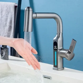 5 режима пръскачка издърпайте мивка кран смесител температура вода кран кухня кранче единична дупка мивка кран цифров дисплей