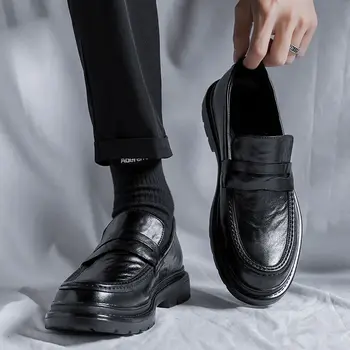 Нови черни мокасини за мъже изкуствена кожа кръгла пръсти приплъзване сватба официални мъжки обувки бизнес ежедневни обувки офис обувки B173
