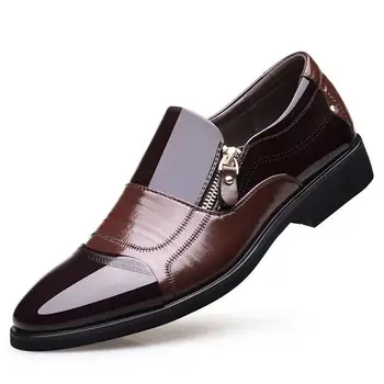 New Men Oxford Business Soft Casual Leather Breathable Men's Pointy Loafers Flats Zip Shoes Slip-on Driving Shoes Xizou