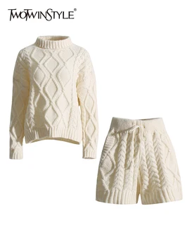 TWOTWINSTYLE твърди плетене две части комплекти за жени Поло хлабав дълъг ръкав пуловер висока талия шорти случайни комплект женски