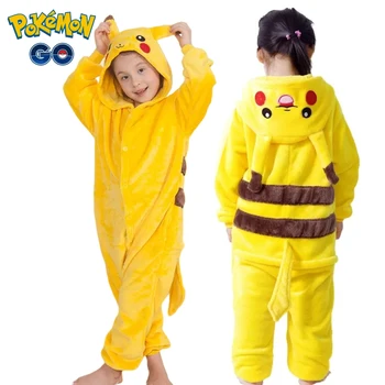 Аниме Pokemon Pikachu плюшени фланела пижами едно парче костюм дълъг ръкав зимата меки топли дрехи дома случайни деца подаръци