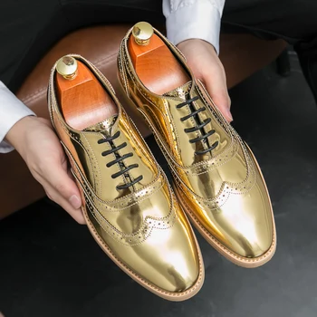Висококачествени златни мъжки блок официални обувки, ежедневни и модерни оксфордски парти кожени обувки, мъжки бизнес обувки от естествена кожа
