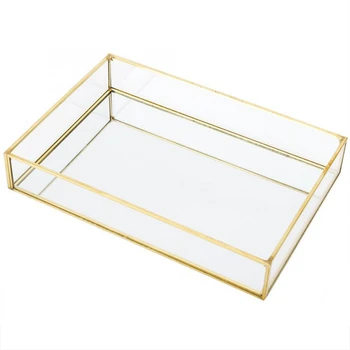Nordic Ретро кутия за съхранение Тава Златен правоъгълник стъкло грим организатор тава десерт плоча бижута дисплей