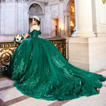 EVLAST Изумрудено зелено Quinceanera рокля топка рокля дантела пайети апликации мъниста корсет сладък 16 рокля vestido de 15 anos TQD068
