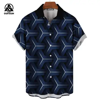 Мода Мъжка риза с къс ръкав 3d карирана печатна тениска Мъжки модерен стил върхове флип врата облекло летни извънгабаритни блузи