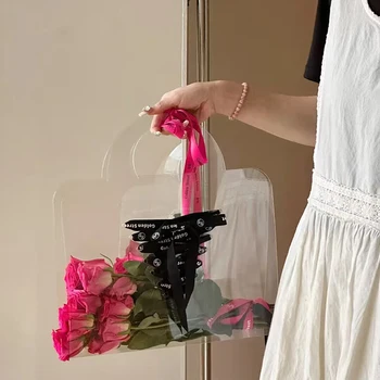 Прозрачна PET пазарска чанта Китайски Свети Валентин букет Прозрачен с ръка чанта за подаръци Прости цветя Празнично парти подарък чанта