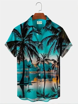 Мъжка мода лятна тениска Хавай 3D печат удобни случайни един бутон риза къс ръкав плаж плюс размер ревера риза