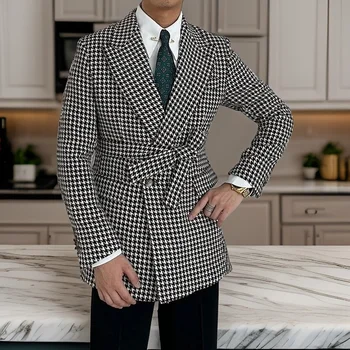 Двуреден чек костюм яке за мъже 1 бр връх ревера Houndstooth тънък годни нетактичност обичай мъжка мода каре палто 2024