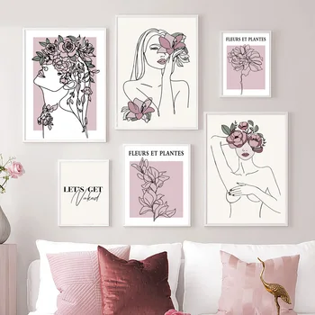 Абстрактна линия Секси жена цвете цитат стена изкуство платно живопис плакати и отпечатъци хол адаптивни
