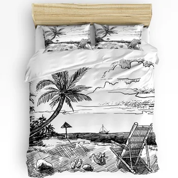 плаж кокосово дърво стол лодка скица черно и бяло пухени покритие 3бр легла комплект домашен текстил юрган покритие калъфки без лист