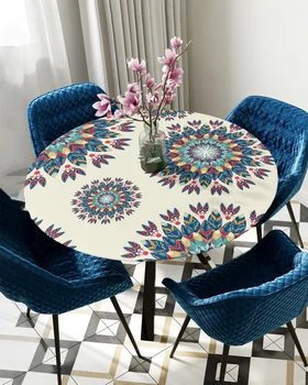 Mandala Bohemian Round Elastic Edged Table Cover Protector Cloth Waterproof Polyester Tablecloth Rectangle Fitted Table Cover