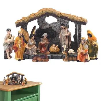 Коледна ясла Рождество Христово Комплект Ръчно рисувани фигурки на Рождество Христово Светите семейни занаяти Статуя Декор Начало Всекидневна Църковна украса